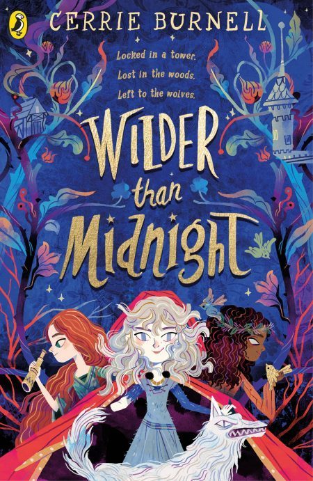 Cover of "Wilder than Midnight" by Cerrie Burnell - it is a dark blue colour with the book title, some colourful forest imagery and cartoon images of three characters - one white with red hair, one white with light grey hair, one black with dark hair, and a white haired dog